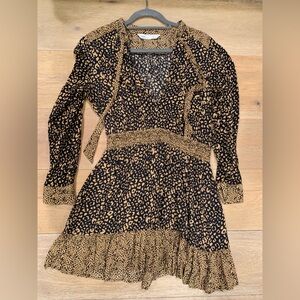 ZARA Leopard Print Festival Boho Date Night Long Sleeve Dress Tan Black Size M
